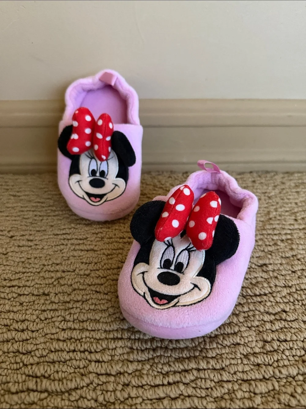 Disney Pink Minnie Mouse Soft Plush Baby Slippers with Red Polka Dot Bow